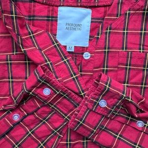 Profound Aesthetic Red Plaid Popover Shirt | Long Sleeve Cotton Top | Size M